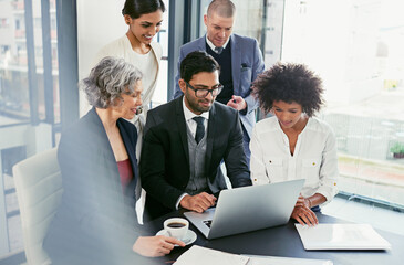Aufkleber - Business people, meeting or laptop with manager for project planning or development at corporate office. Group, employees or team with computer for company review, research or discussion at workplace