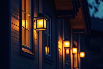 Aufkleber - Warm glow of lanterns illuminating a cozy cabin in the evening twilight near a secluded forest. Generative AI