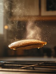 Poster - Fluffy pancake rising above a hot griddle in a cozy kitchen during morning breakfast preparation. Generative AI