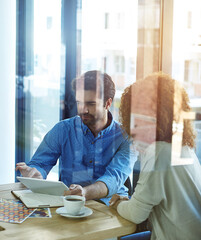 Aufkleber - Glass, teamwork and people with tablet, office and feedback for article, colleagues or blogger with tech. Collaboration, creative and review of project in business, discussion or planning for website