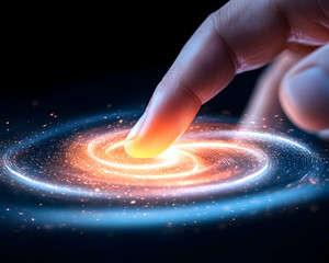 Wall Mural - fingertip touching a galaxy in a virtual interface
