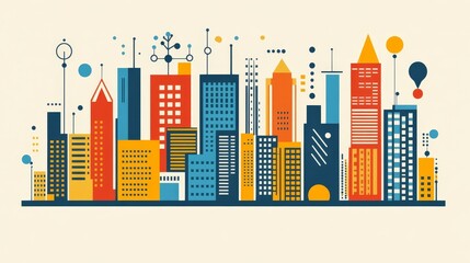vibrant cityscape illustration stylized architecture urban skyline with colorful geometric buildings