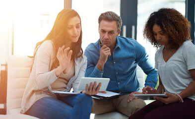 Poster - Business people, meeting and discussion with tablet for brainstorming or project planning at office. Creative, group or web designers with technology or ideas for UI, UX or app design at workplace
