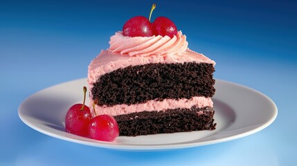 Wall Mural - Cake slice on plate with cherries. Chocolate cake, pink frosting, blue background