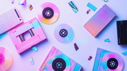 Aufkleber - Colorful retro media collection with vinyl records and cassette tapes on a bright background. Generative AI