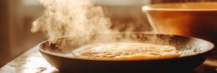 Aufkleber - Freshly cooked omelette steaming in a skillet on a sunny kitchen counter in the morning. Generative AI