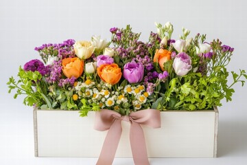 Poster - Colorful floral arrangement in a rustic wooden box with a bow, perfect for home decor or gifting during spring celebrations. Generative AI