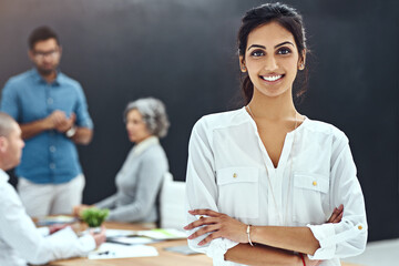 Aufkleber - Arms crossed, portrait and smile of Indian woman employee in boardroom of office for leadership. About us, coworking and friendly with business person in creative workplace for project management