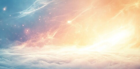 Leinwandbilder - Pastel shades of light blue and pink blend together in a soft, abstract background, punctuated by the warm glow of light shining through a thin, wind-blown material