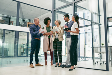 Aufkleber - Business people, meeting or discussion with tablet for collaboration, creative design or project at office. Happy group, employees or team with technology for informal planning, conversation or ideas