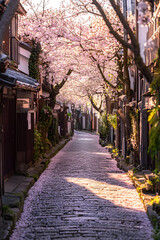  A picturesque cobblestone street shaded by blooming cherry blossom trees in spring.