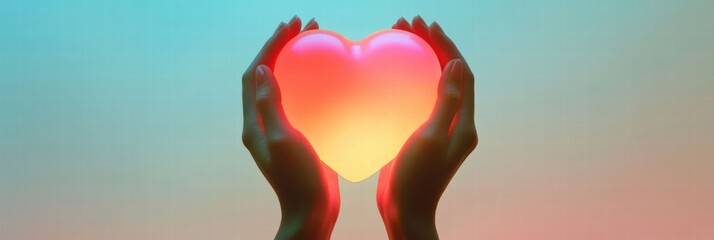 Aufkleber - Creative hands holding a glowing heart shaped object against a colorful background. Generative AI