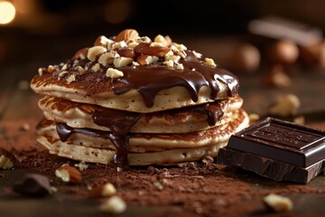 Poster - Delicious stack of pancakes topped with chocolate and nuts served on a wooden table at breakfast time. Generative AI
