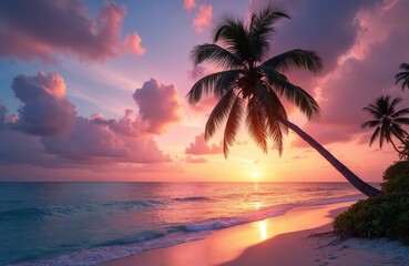 Aufkleber - Pink sunset on tropical beach with palm trees. Ocean coast with sun reflection on sand. Relaxing vacation background with sea view. Holiday banner template. Exotic nature wallpaper.