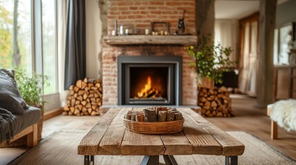 Poster - Weihanchtliche Stimmung in einem Kaminzimmer mit Holztisch im Vorderbgrund