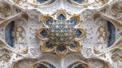 Poster - Intricate gold and white ceiling detail with blue geometric center.