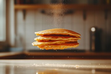 Poster - Fluffy pancakes floating in mid air with powdered sugar dusting in a cozy kitchen setting. Generative AI
