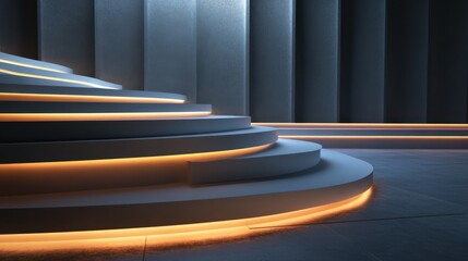 Poster - A modern, illuminated stage with circular steps and ambient lighting, designed for presentations or performances.