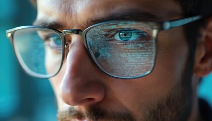 Poster - Close-up of man in glasses reflects digital code. Illustrates tech impact on vision, modern setting. Programmer writes code. specialist working on program, cybersecurity, data protection, AI