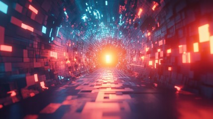 Leinwandbilder - A graphic depiction of a futuristic cyber tunnel where digital data races towards a luminous light at the end.