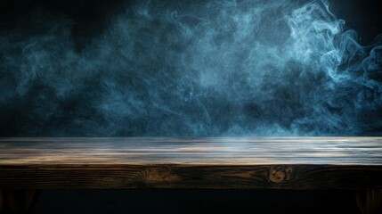 Poster - empty wooden table with smoke float up on dark background