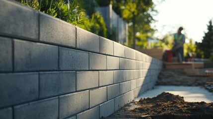 Poster - A modern, stylish concrete or brick low wall with sleek, designed for a contemporary residential space. a professional mason actively working, placing or adjusting the last few bricks or slabs.