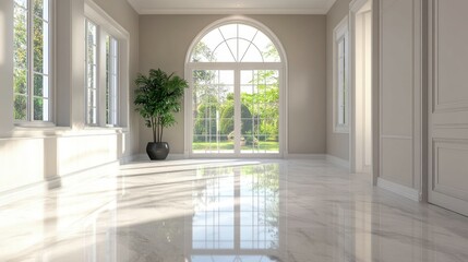 Poster - A spacious, elegantly lit hallway with large windows and polished marble floors.