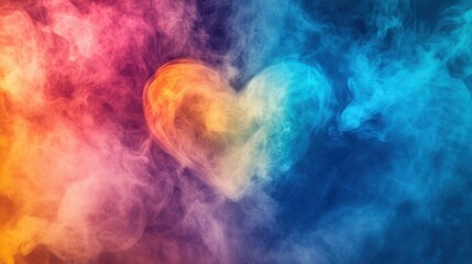 Poster - Colorful Heart Shapes in Smoke Art Vibrant Rainbow and Blue Fusion