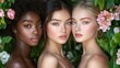 © Teresaart - Diverse Beauty Concept Showcased with Soft Lighting Featuring Three Models Among Flowers and Greenery