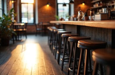 Aufkleber - Interior photo of empty coffee shop with bar stools lined at counter. Wood furniture, dining tables chairs visible. Warm light accentuates the brick wall decor, creating cozy atmosphere.