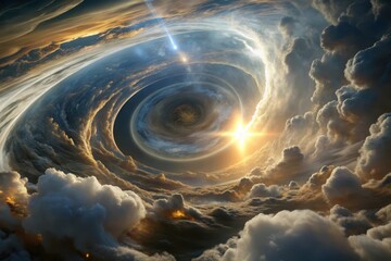 Poster - Swirling cosmic clouds dance with golden light in an ethereal celestial vortex at dusk. Generative AI
