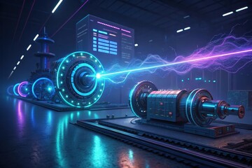 Poster - Futuristic energy research lab showcasing advanced technology with vibrant electrical arcs and holographic displays. Generative AI