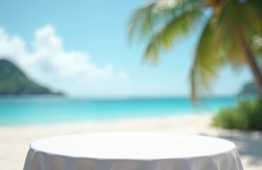 Poster - Round white table on sand sea beach for product display. Blurred summer background with palm tree turquoise ocean. Sunny tropical vacation at paradise island for travel advertising mockup.