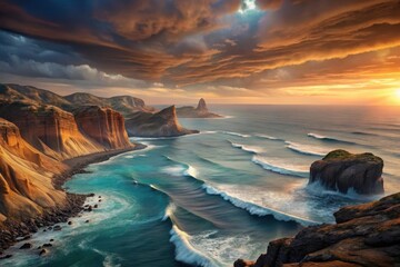 Poster - Breathtaking coastal vista at sunset revealing dramatic cliffs and crashing waves along an enchanting shoreline. Generative AI