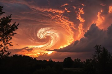 Poster - Stunning swirling clouds illuminate the sky at dusk near a serene woodland landscape. Generative AI
