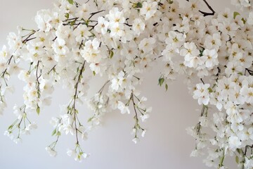 Poster - Delicate branches adorned with blooming white flowers create a serene atmosphere in spring’s embrace. Generative AI