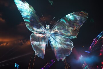 Poster - Mystical butterfly illuminated by vibrant colors in a fantasy setting at twilight. Generative AI