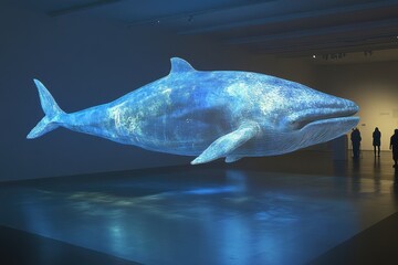 Poster - Enchanted to see a life-sized blue whale sculpture glowing in a modern art gallery, captivating viewers with its ethereal presence. Generative AI