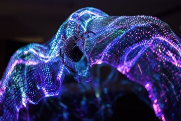 Poster - Striking neon spider weaves a web of vibrant colors at a contemporary art exhibition in an urban gallery. Generative AI