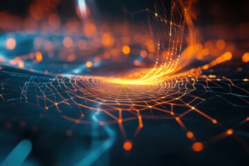 Fototapete - Intricate digital vortex illuminates the dark space with vibrant orange and blue lines, creating a mesmerizing visual experience. Generative AI
