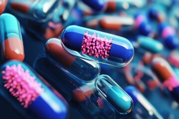 Poster - Innovative capsules filled with colorful bacteria showcasing a mix of science and creativity in a dynamic, abstract setting. Generative AI