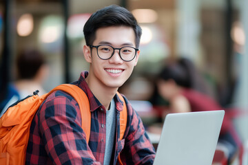 Poster - Asian young man wearing glasses and an orange backpack is smiling and holding a laptop. He is happy and relaxed, possibly enjoying his time at a cafe or a similar setting
