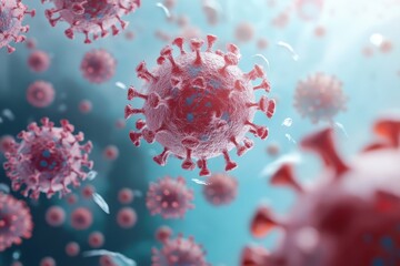 Poster - Visual representation of coronavirus particles floating in a microscopic world bathed in soft blue light and scientific wonder. Generative AI