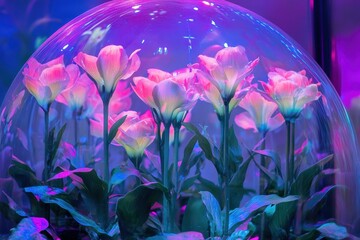 Poster - Glowing blossoms captured within a luminous dome, reflecting a surreal ambiance and vibrant hues under soft lighting. Generative AI