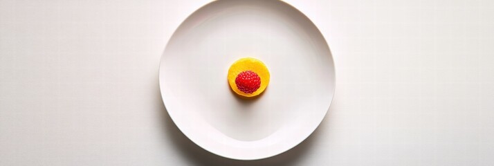Poster - Delicious tart with raspberry topping served on a white plate in a minimalist setting. Generative AI