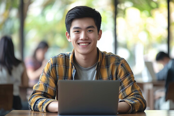 Poster - Asian young man is sitting at a table with a laptop in front of him. He is smiling and he is enjoying himself. The scene suggests a casual and relaxed atmosphere