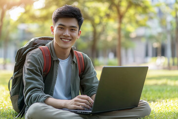 Poster - asian young man is sitting on the grass with a laptop in front of him. he is smiling and he is enjoy