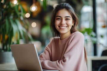 Poster - woman is sitting at a table with a laptop in front of her. She is smiling and she is happy