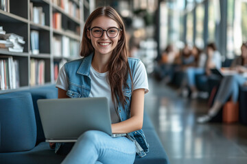 Poster - young woman is sitting on a couch with a laptop in front of her. she is smiling and she is enjoying 