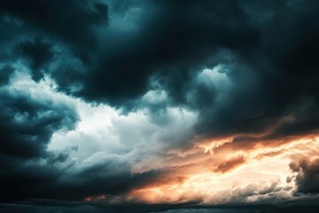 Poster - Dramatic clouds clash in a vibrant display over the horizon at twilight revealing nature's fierce artistry. Generative AI